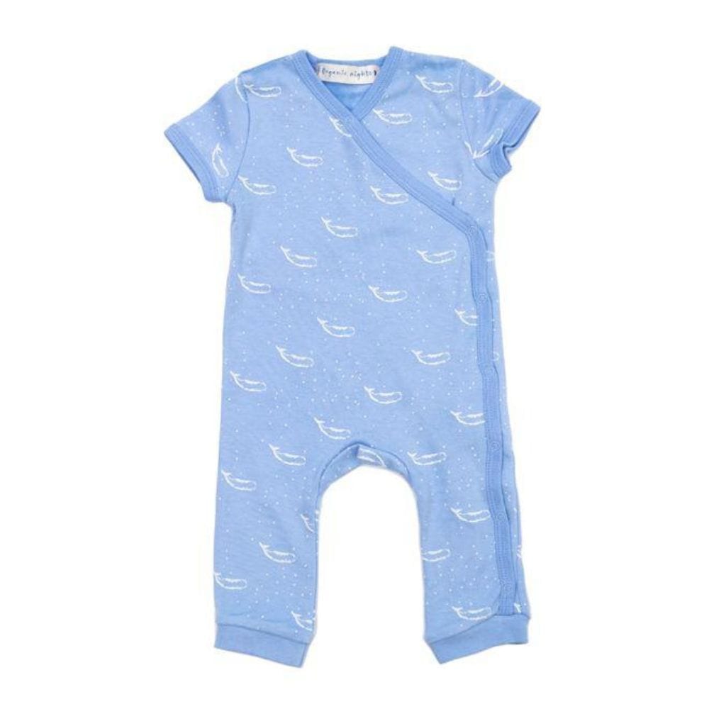 100% Organic Cotton Summer Short Sleeve Crossover Sleepsuit - Tiny Whales in Hydrangea Blue