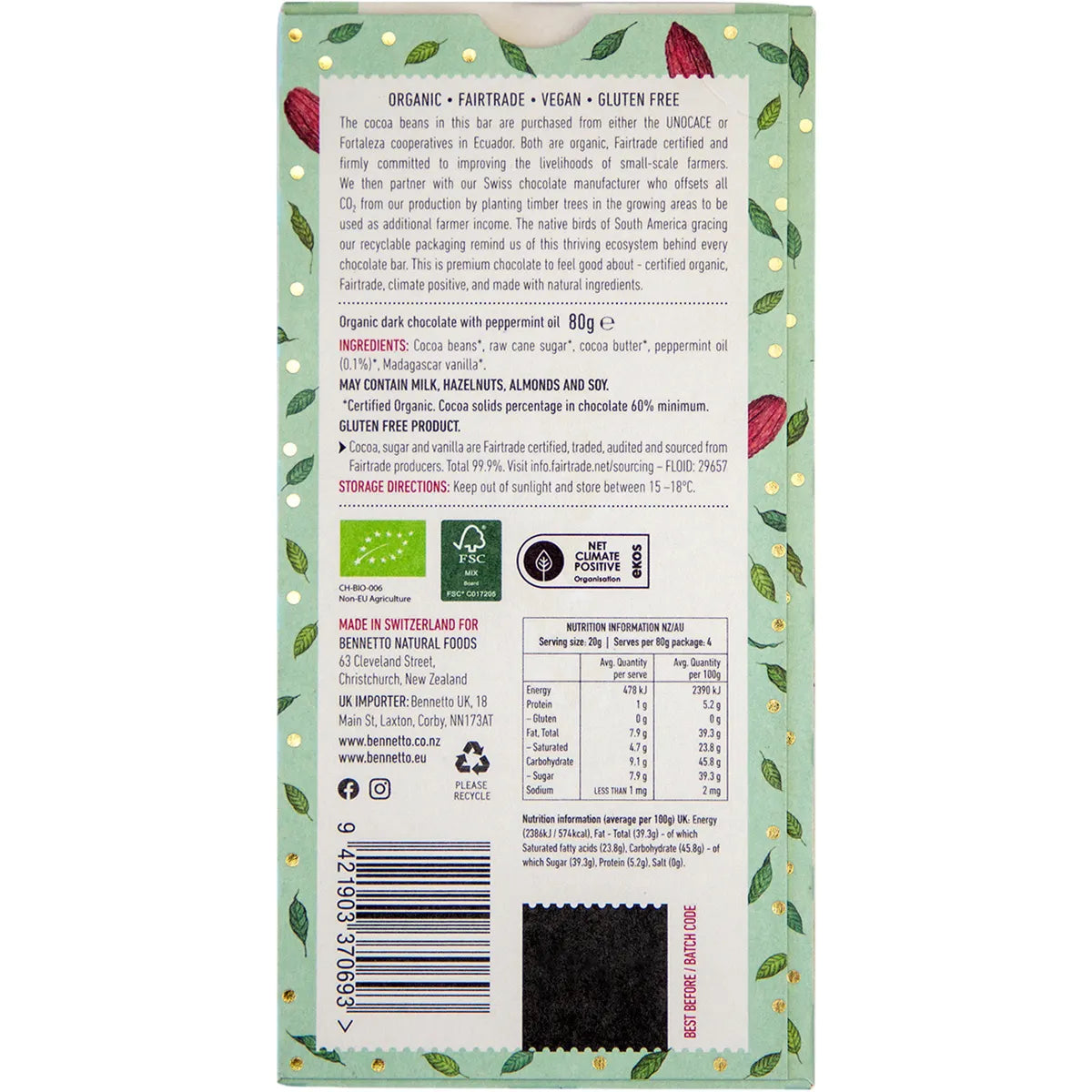 Bennetto Organic Chocolate 80g - Mint & Cocoa Nibs
