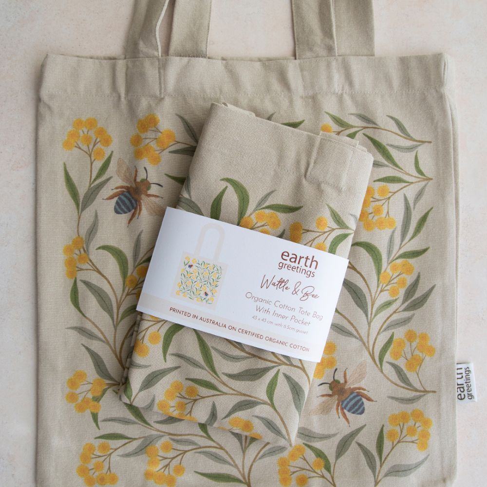 Earth Greetings Organic Cotton Tote Bag with Inner Pocket - Wattle & Blue Banded Bee