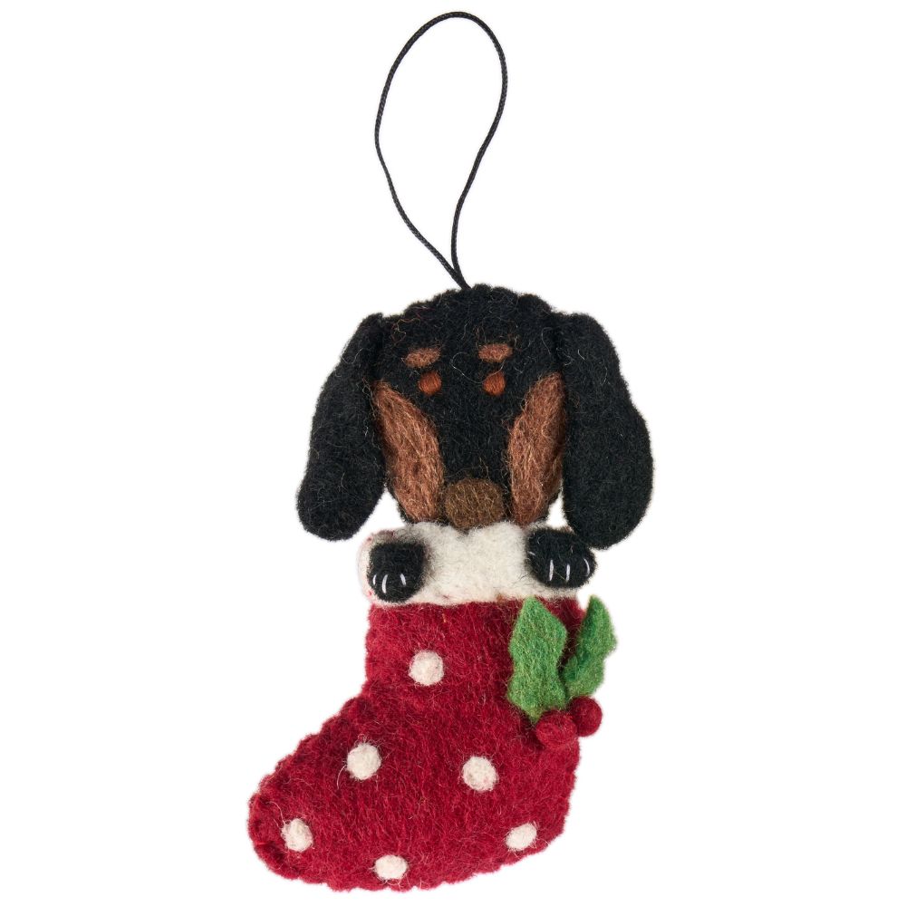 Fairtrade Felt Christmas Decoration - Dachsund in Stocking