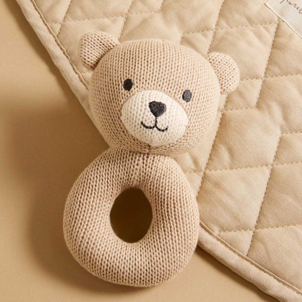 Purebaby Knitted Bear Rattle - Beige