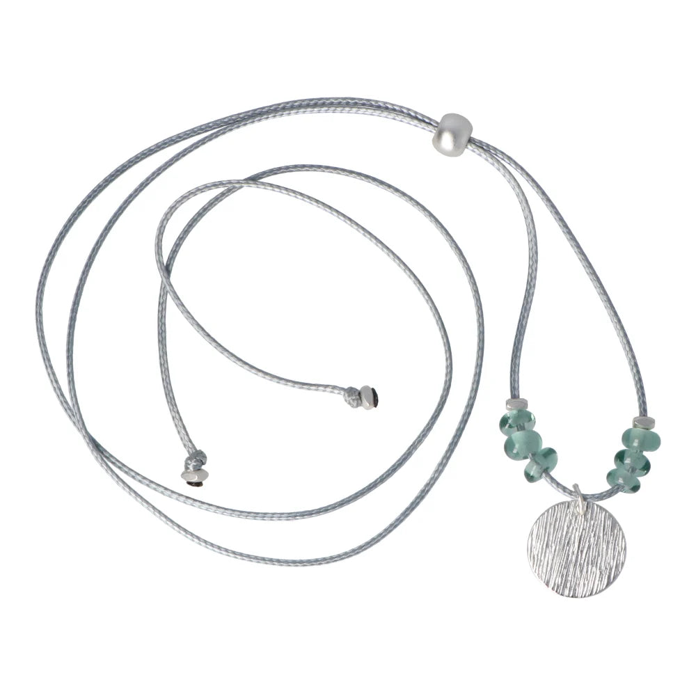 Rancho Necklace Silver Textured Disc Teal Glass Beads on Grey Cord