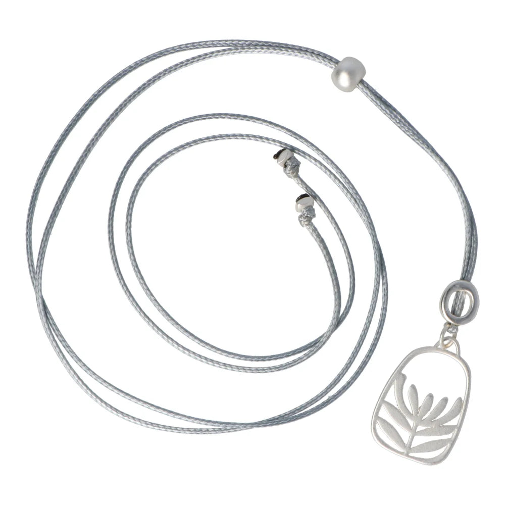 Rancho Necklace Silver Leucadendron Hollow Oval on Grey Cord