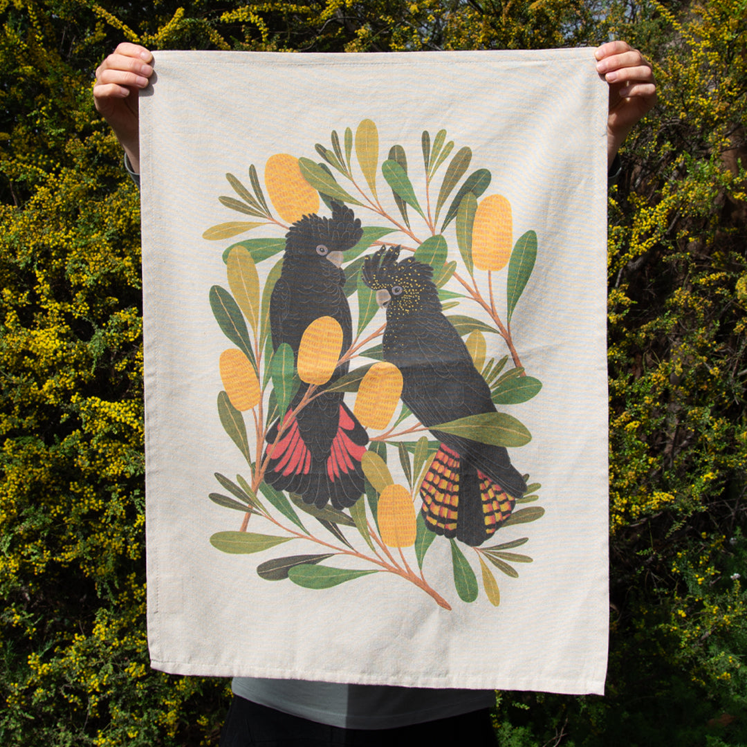 Earth Greetings Organic Cotton Tea Towel - Cockatoos & Banksia