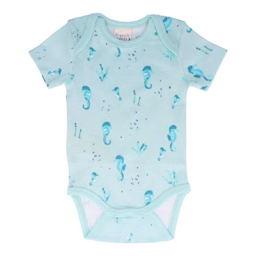 Organic Cotton Summer Baby Onesie Seahorses Teal - Main Image