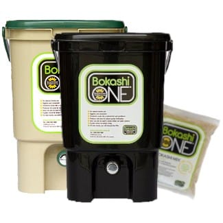 Bokashi Compost Bin Two Bin Set - 1 x Tan/Green, 1x Black, 1 x 2L Bokashi grain