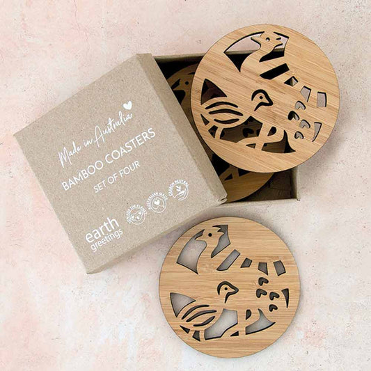 Earth Greetings Bamboo Coasters Set of 4 - Emu & Baby