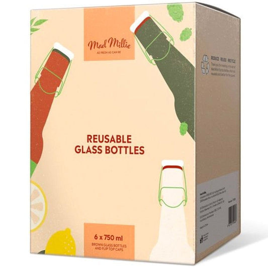 Mad Millie Reusable Brown Glass Flip Top Bottles 6pk 750ml