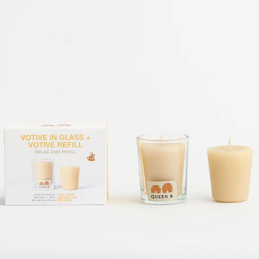 Queen B Beeswax Candle Votive in Glass + Refill Pack