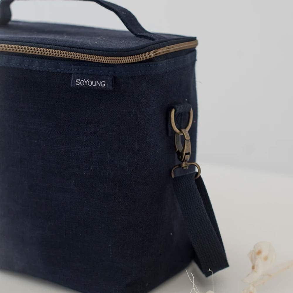 SoYoung Large Raw Linen Lunch Poche Insulated Cooler Bag - Navy