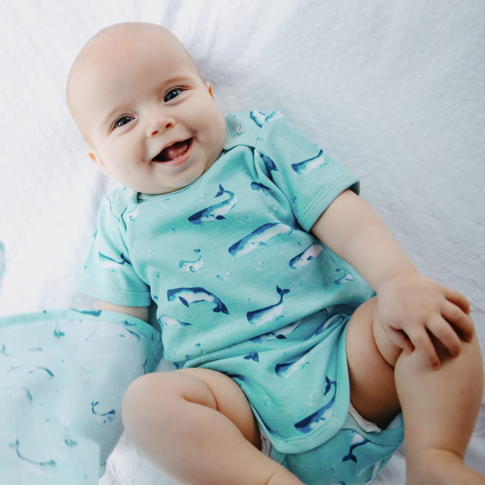 100% Organic Cotton Summer Short-Sleeve Sleepsuit - Watercolour Whale Pods in Aquatic Blue