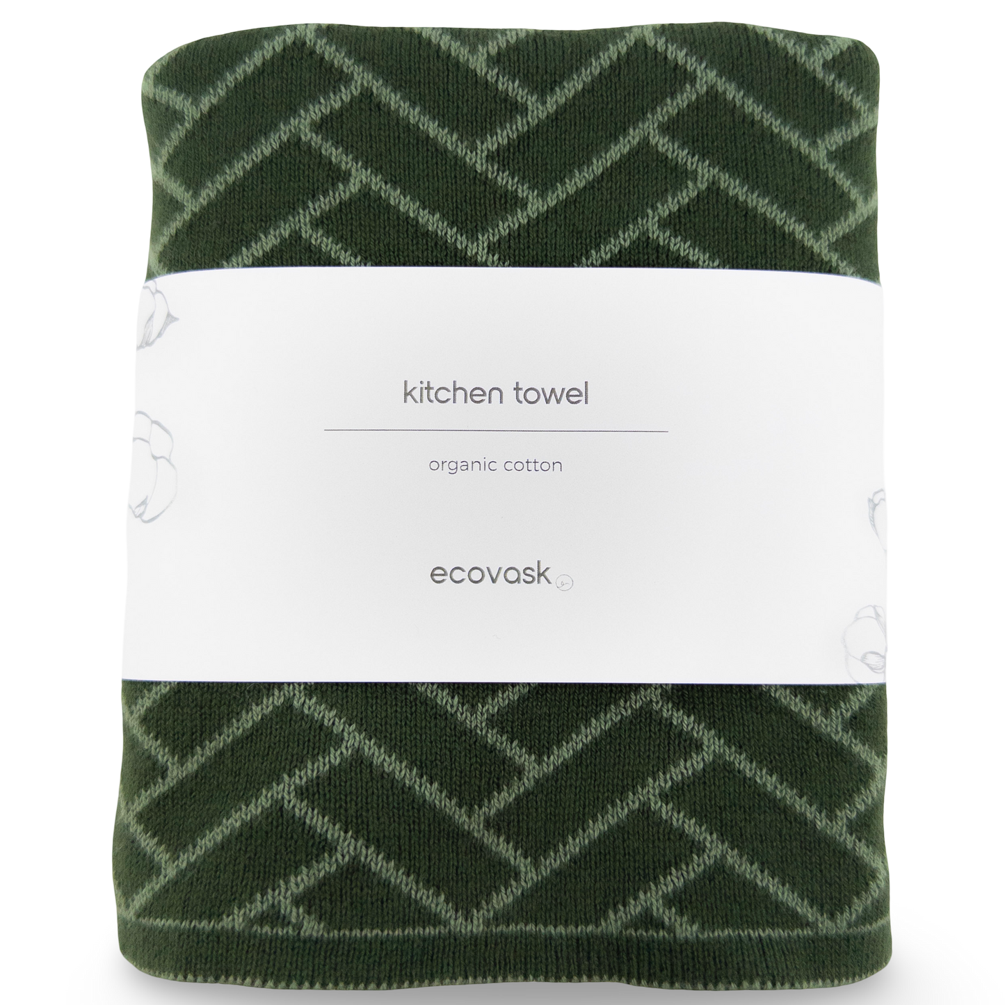Green kitchen towel with geometric pattern on a white background, featuring the brand 'ecovask'.