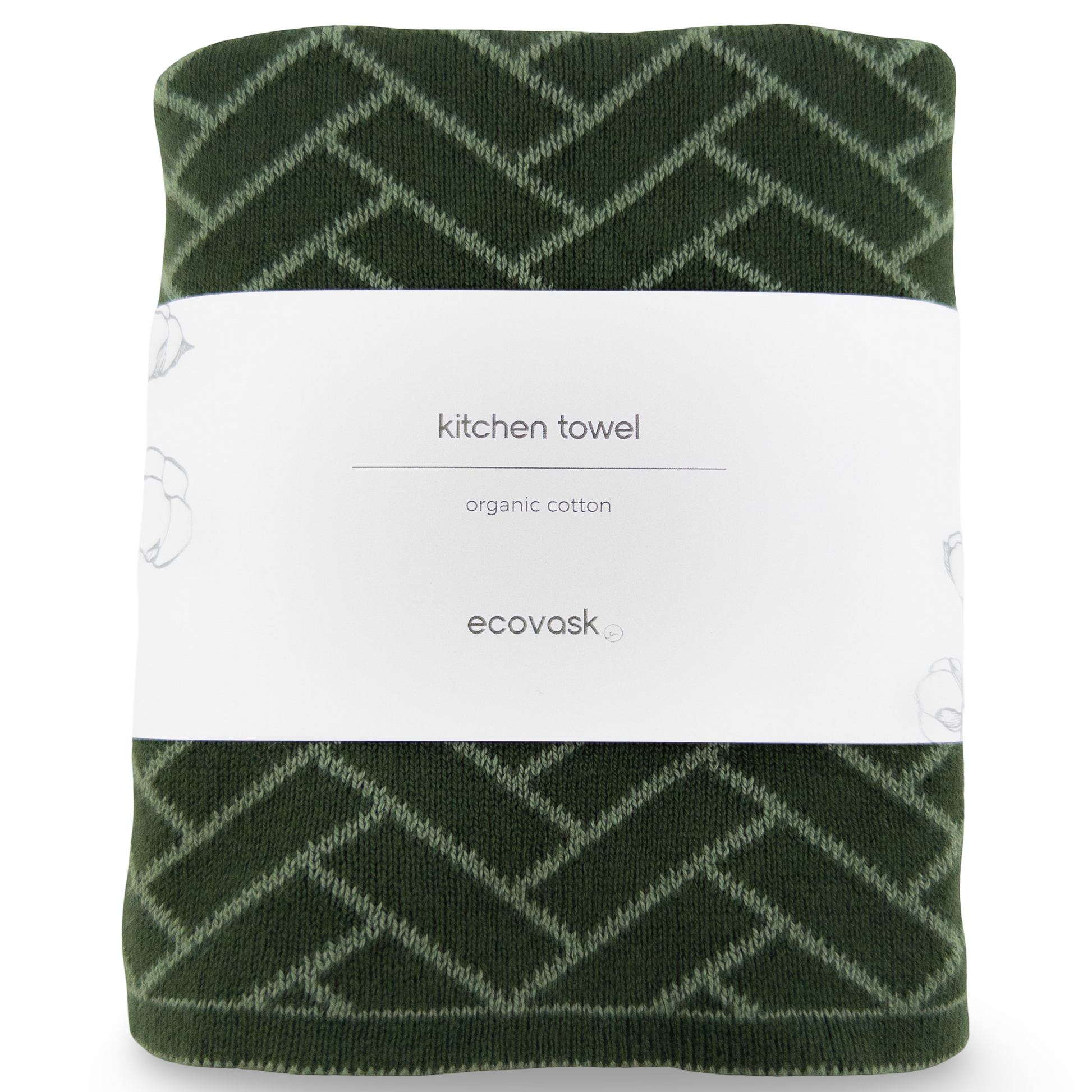 Green kitchen towel with geometric pattern on a white background, featuring the brand 'ecovask'.