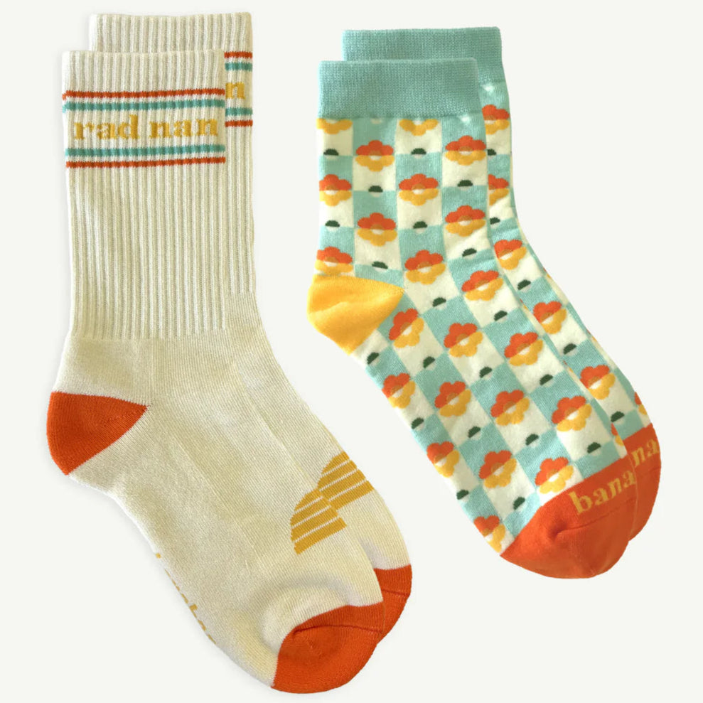 Banabae Organic Cotton Crew & Floral Check Socks 2pk - Rad Nan