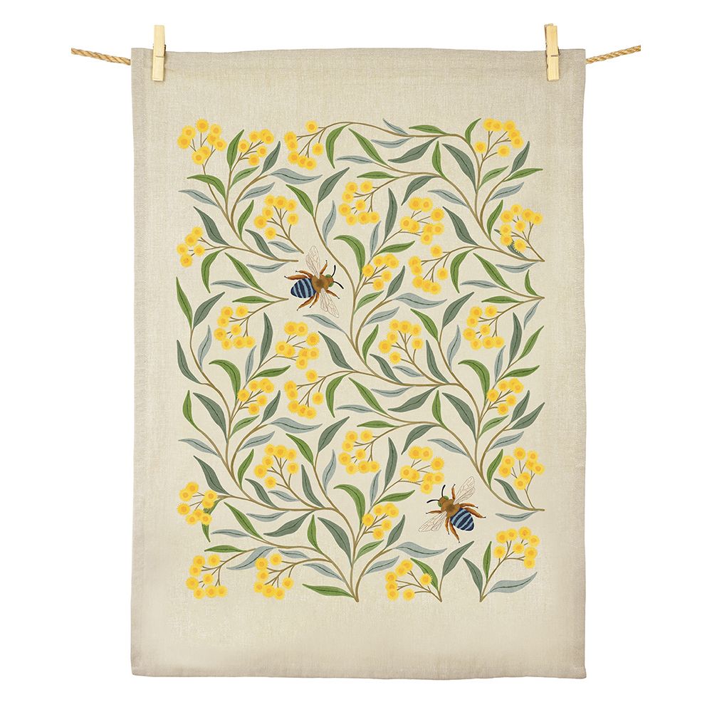 Earth Greetings Organic Cotton Tea Towel - Wattle & Blue Banded Bee