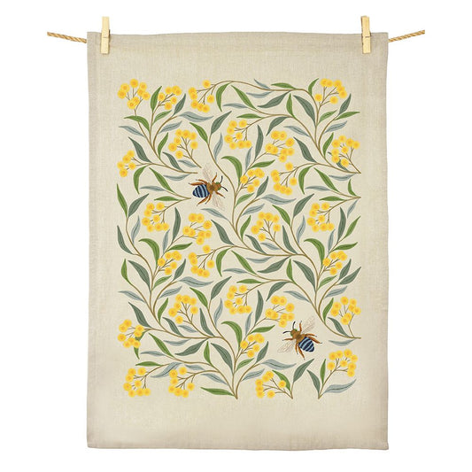 Earth Greetings Organic Cotton Tea Towel - Wattle & Blue Banded Bee