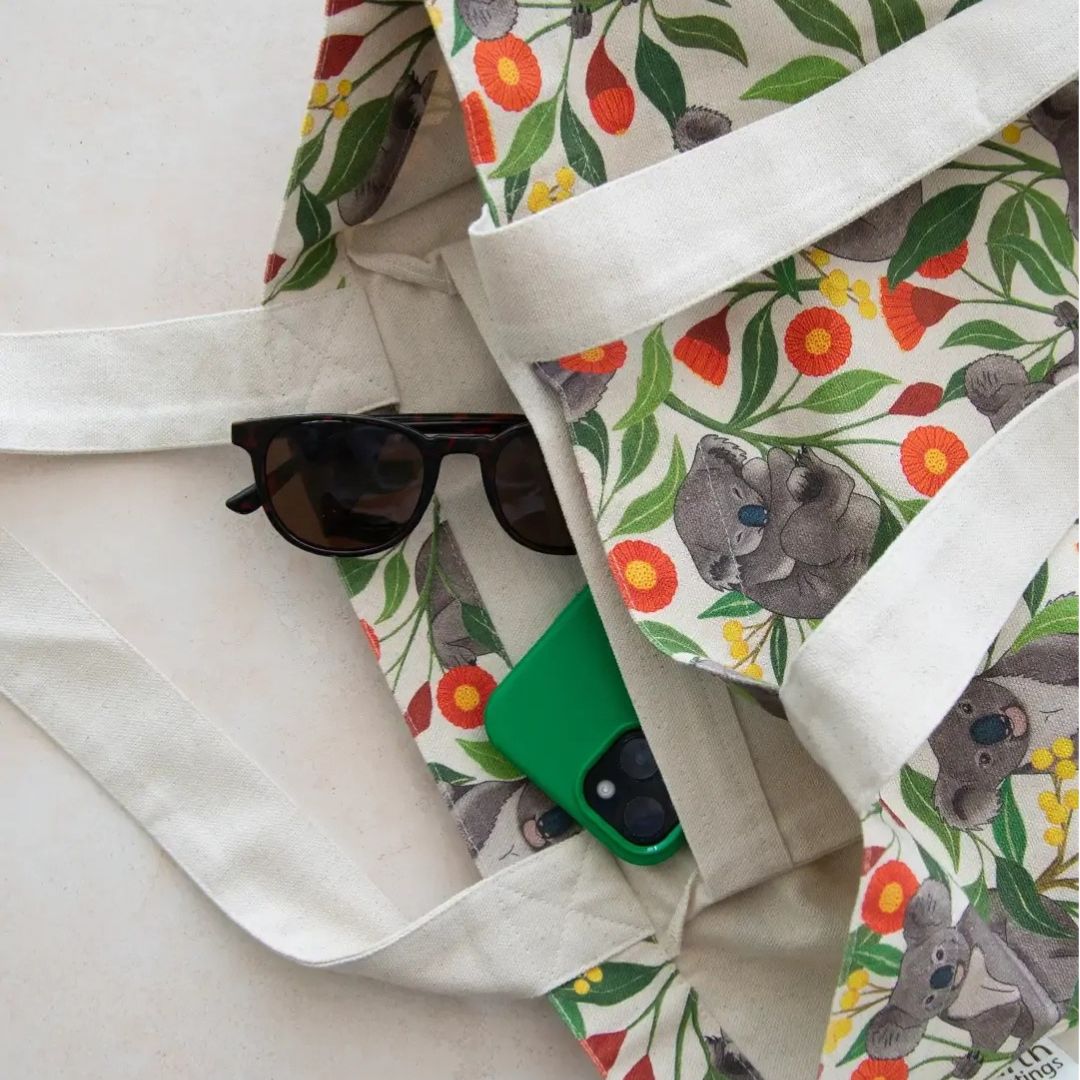 Earth Greetings Organic Cotton Tote Bag with Inner Pocket - Australian Koalas