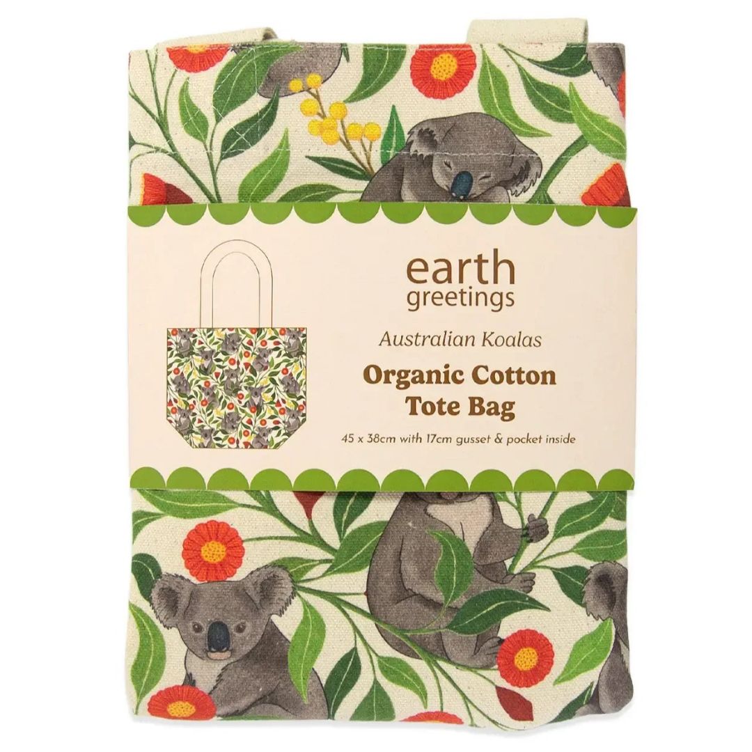 Earth Greetings Organic Cotton Tote Bag with Inner Pocket - Australian Koalas