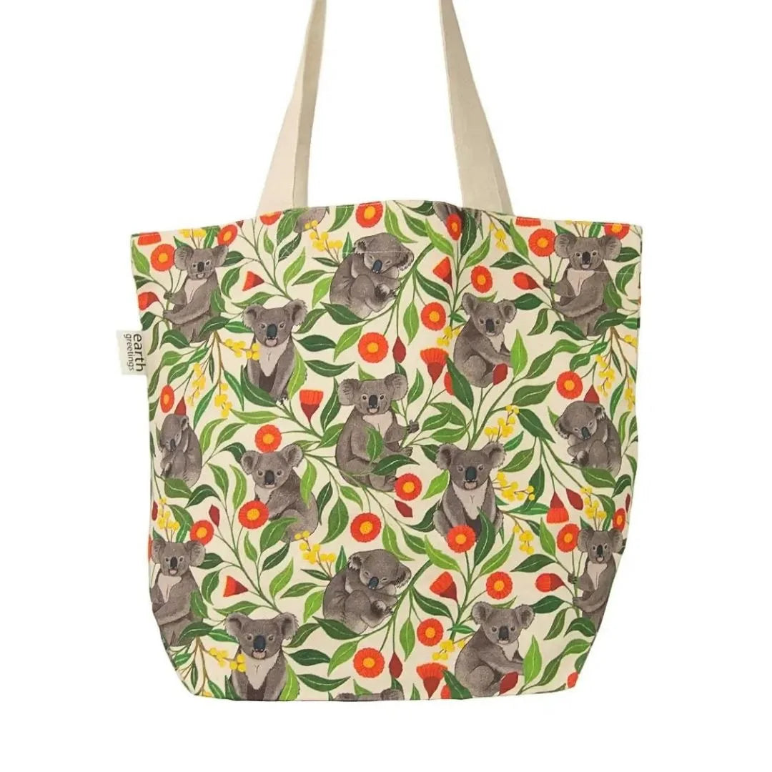 Earth Greetings Organic Cotton Tote Bag with Inner Pocket - Australian Koalas