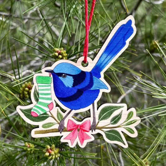 Earth Greetings Wooden Christmas Decoration - Splendid Fairy Wren