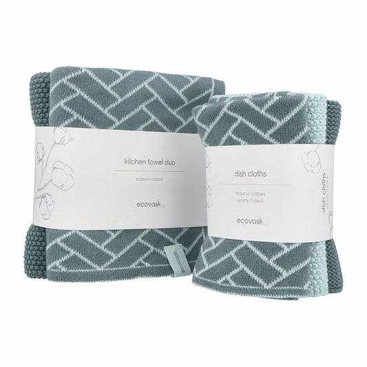Ecovask Kitchen Tea Towel & Dish Cloth Bundle - Sea Foam Herringbone