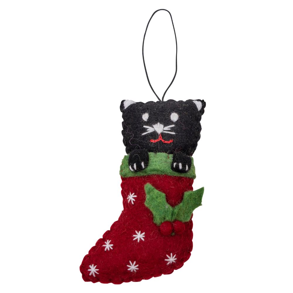 Fairtrade Felt Christmas Decoration - Cat in Stocking