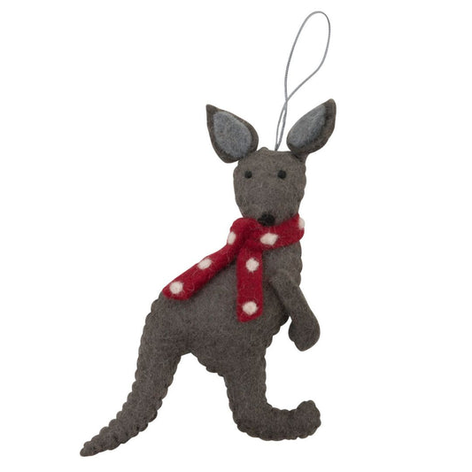 Fairtrade Felt Christmas Decoration - Grey Kangaroo (Red Scarf)