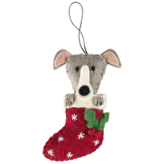 Fairtrade Felt Christmas Decoration - Greyhound in Stocking