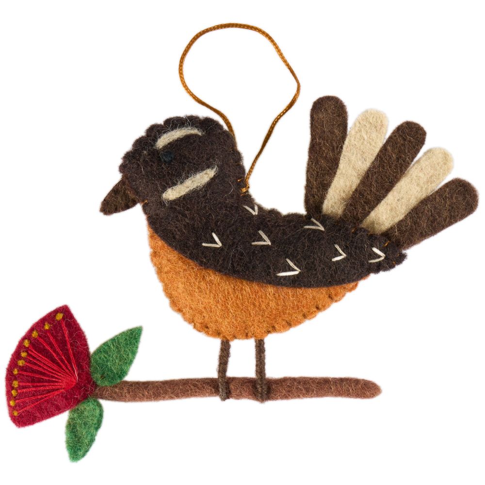Fairtrade Felt Christmas Decoration - NZ Fantail on Pohutakawa