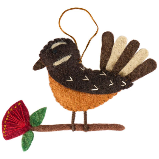 Fairtrade Felt Christmas Decoration - NZ Fantail on Pohutakawa