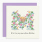 Greeting card with 'M is for my marvellous Mother' design featuring a letter 'M' with flowers and birds.