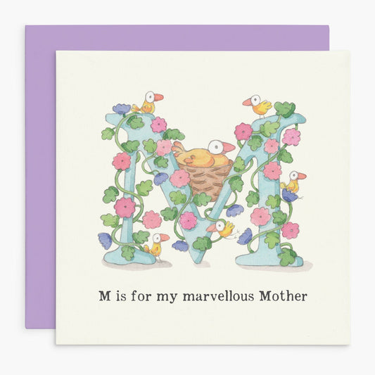 Greeting card with 'M is for my marvellous Mother' design featuring a letter 'M' with flowers and birds.
