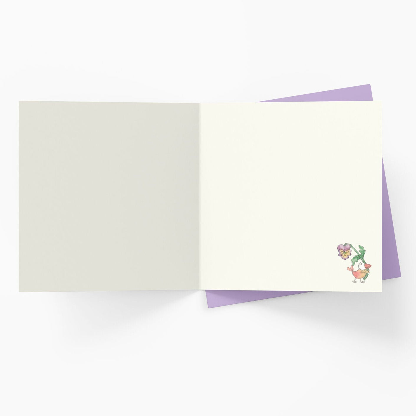 Open card with a small illustration of a flower on a white background