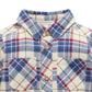 Plaid shirt with blue, red, and white pattern on a white background