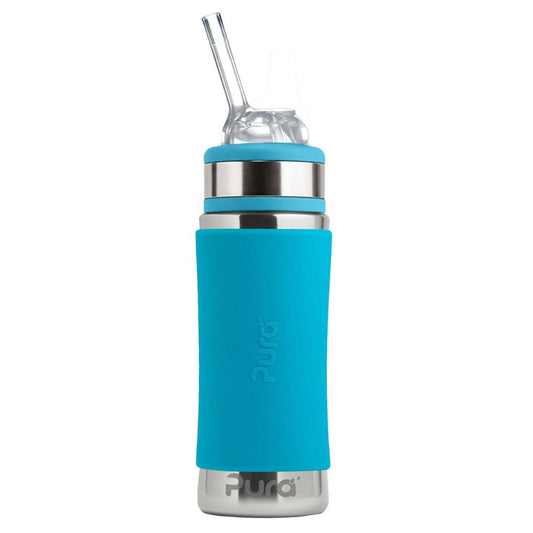 Pura Kiki Stainless Steel Kiddo Straw Bottle With Silicone Collar 325ml - Aqua