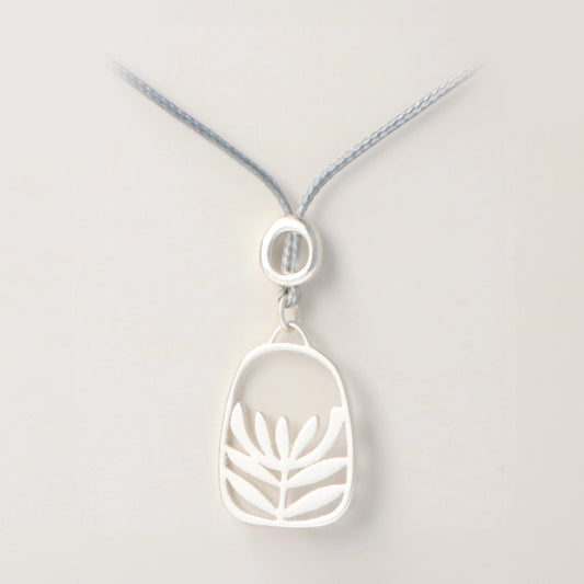 Rancho Necklace Silver Leucadendron Hollow Oval on Grey Cord