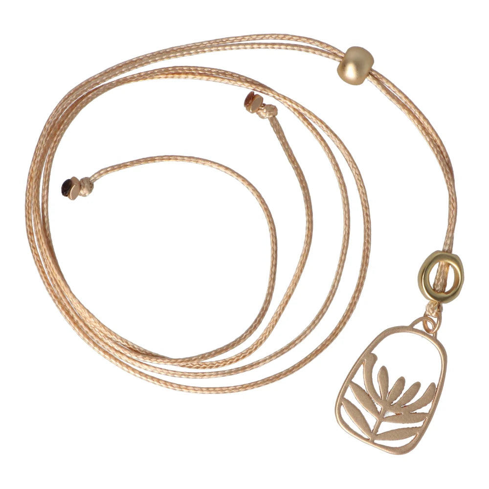 Rancho Necklace Gold Leucadendron Hollow Oval on Tan Cord