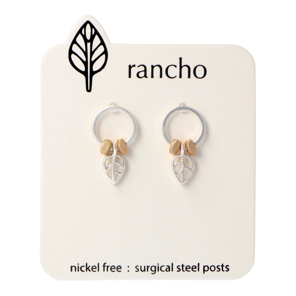 Rancho Stud Earrings Silver Circle Leaf Feature