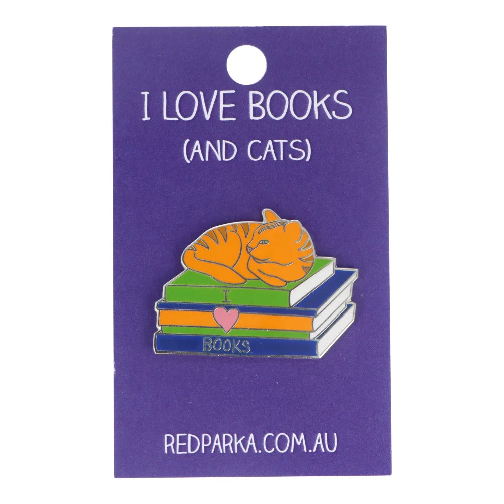 Red Parka Enamel Pin - I Love Books And Cats