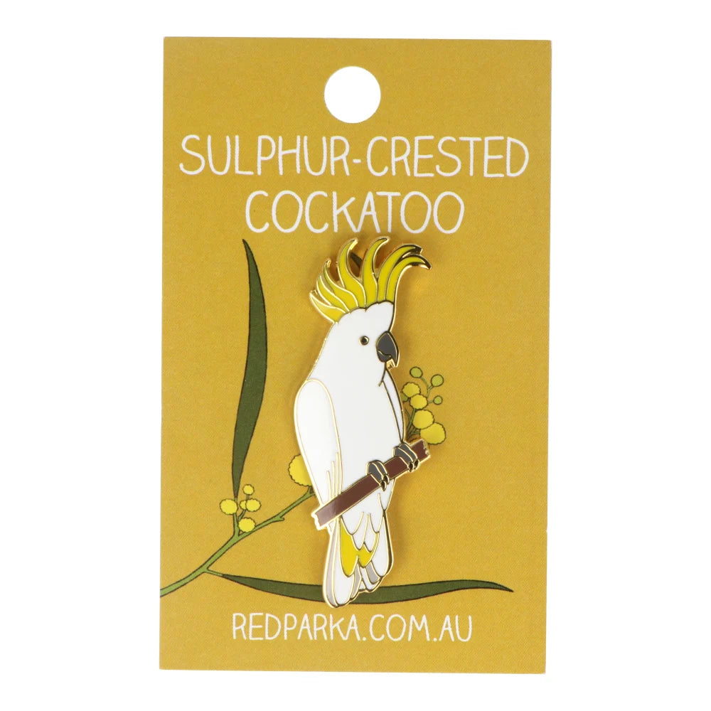 Red Parka Enamel Pin - Sulphur Crested Cockatoo