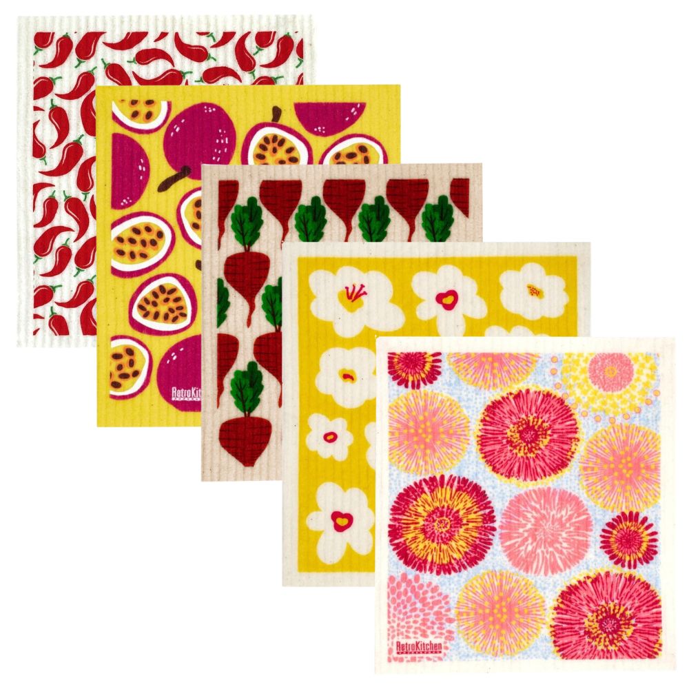 Swedish Dish Sponge Cloth 5 Pack Bundle - Fruits & Flowers