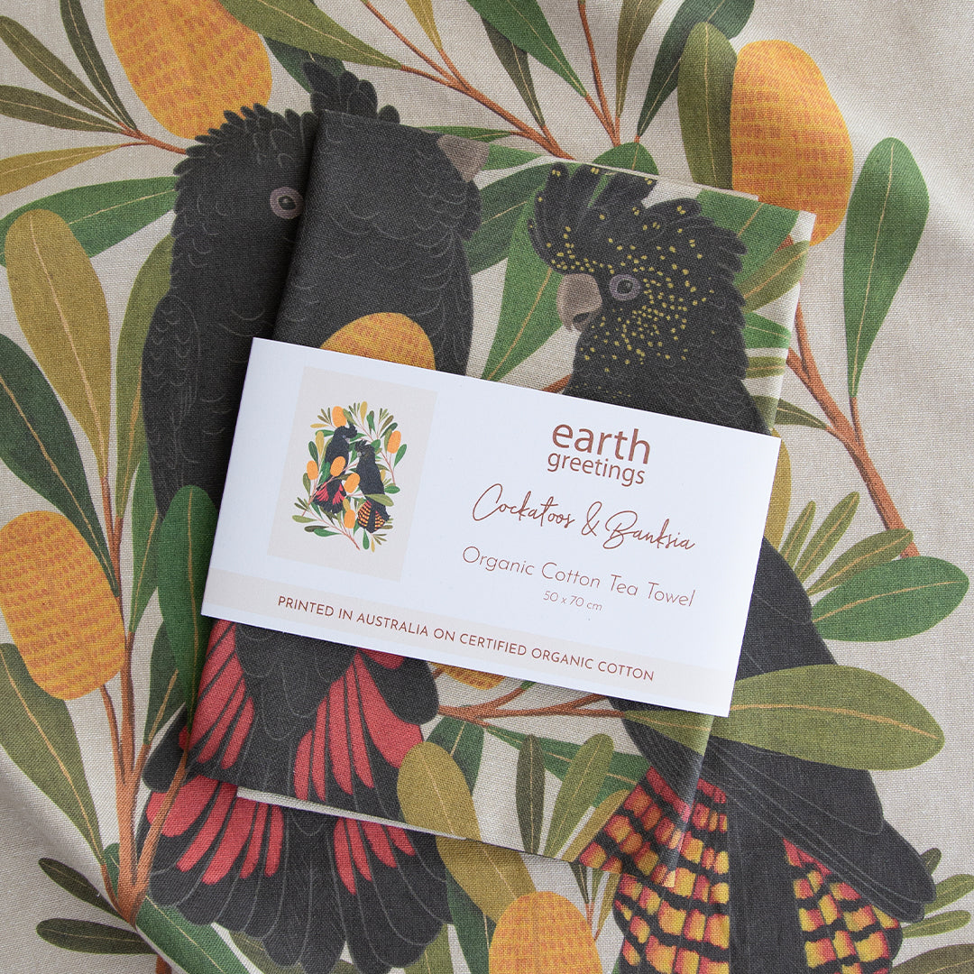 Earth Greetings Organic Cotton Tea Towel - Cockatoos & Banksia