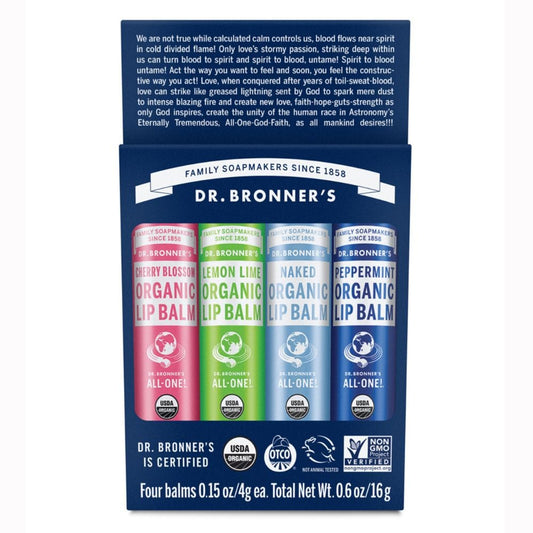 Dr Bronner's Lip Balm 4 pack (Lemon Lime, Peppermint, Naked and Cherry Blossom)