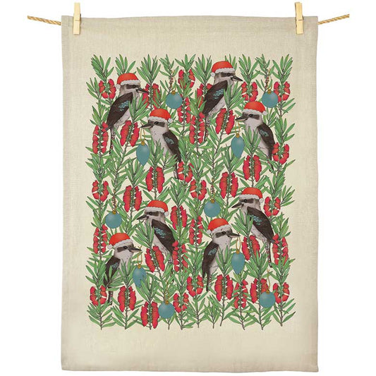 Earth Greetings Organic Cotton Christmas Tea Towel - Jolly Kookaburras