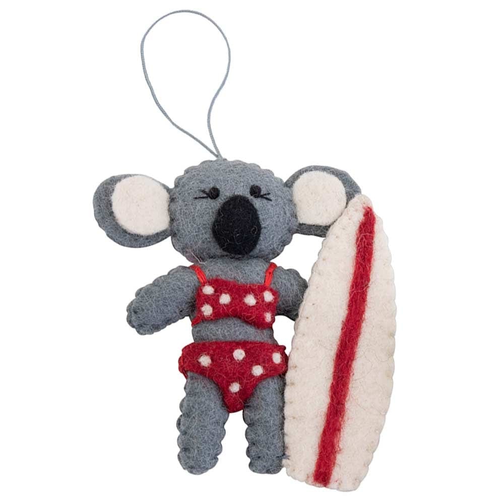 Fairtrade Felt Christmas Decoration - Koala with Surfboard (Red Bikini)
