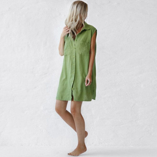 Seaside Tones Sleeveless Linen Shirt - Pea Green