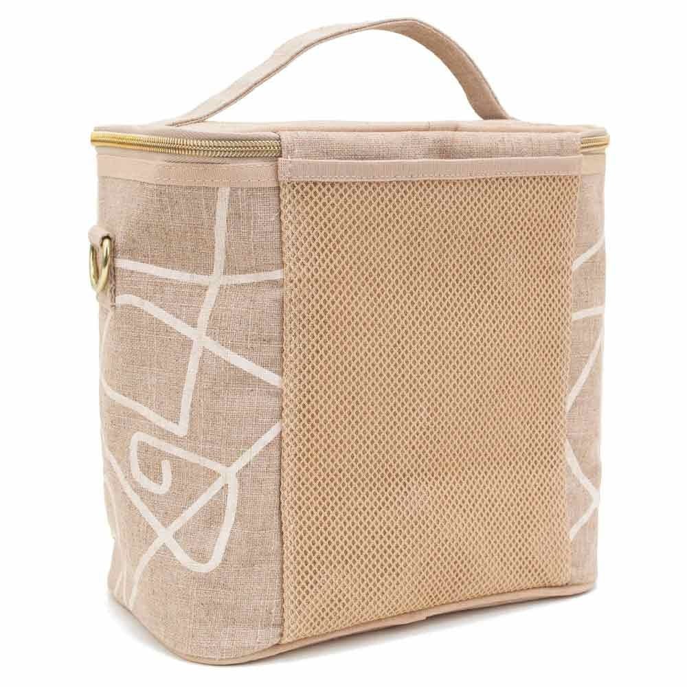 SoYoung Large Raw Linen Lunch Poche Insulated Cooler Bag - Abstract Lines