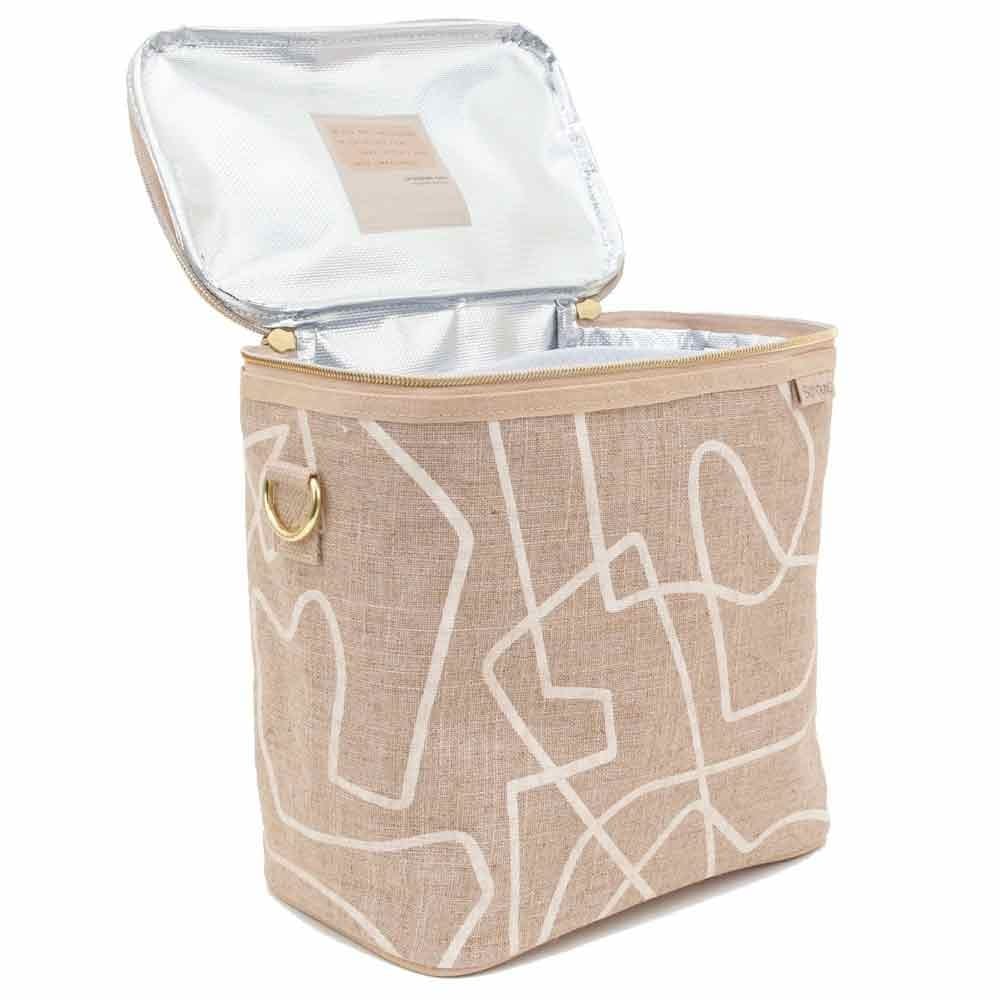 SoYoung Large Raw Linen Lunch Poche Insulated Cooler Bag - Abstract Lines