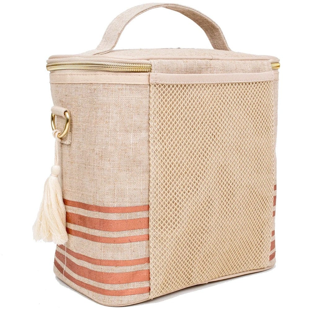 SoYoung Large Raw Linen Lunch Poche Insulated Cooler Bag - Rose Gold Stripe