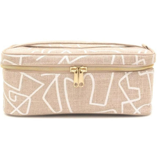SoYoung Large Raw Linen Makeup Bag Beauty Poche - Abstract Lines
